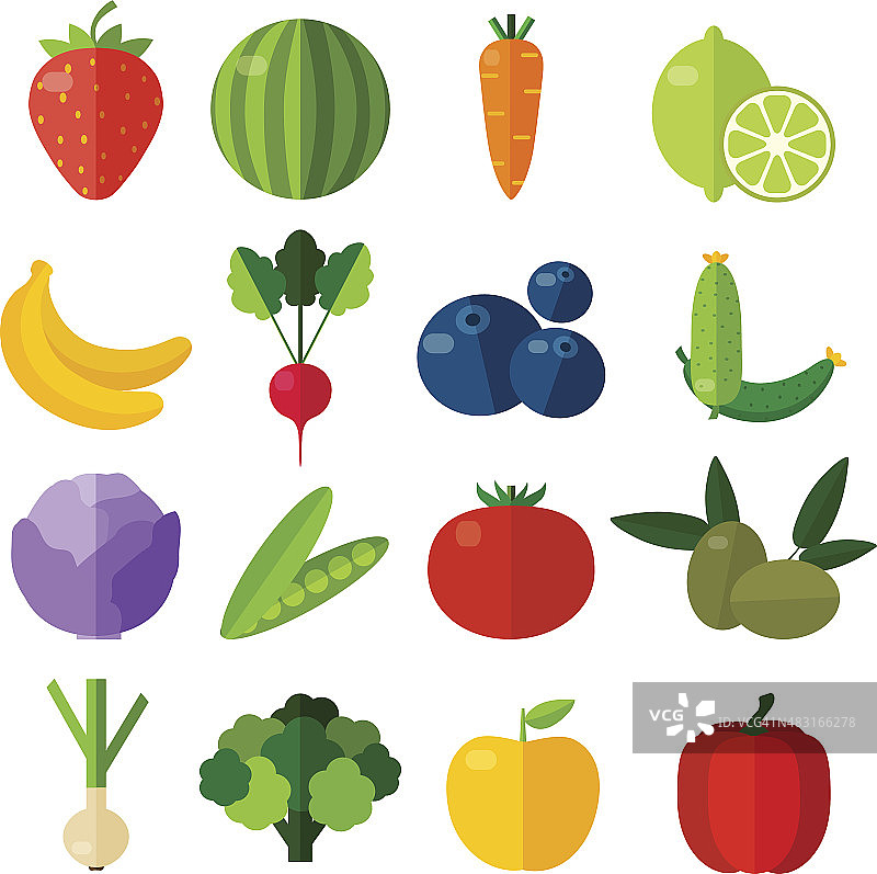 新鲜水果和蔬菜平面图标设置。图片素材