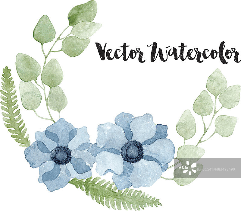 水彩花圈与蓝色银莲花花，桉树，树叶图片素材
