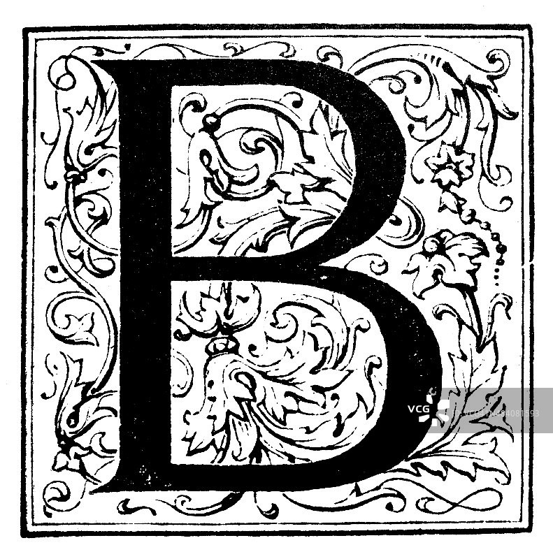华丽的字母B的古董插图图片素材