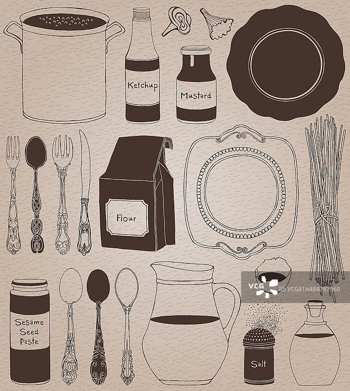 厨房用具和食物。炊具，家庭烹饪背景。图片素材