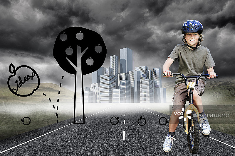小男孩骑着自行车在公园里的合成图像图片素材