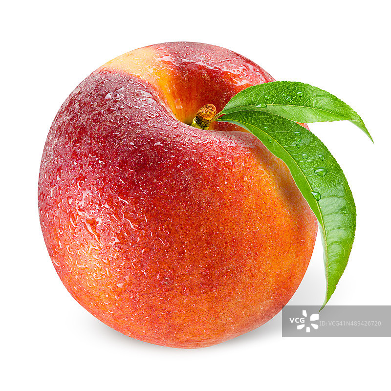 桃子。在白色上孤立的叶的湿水果图片素材