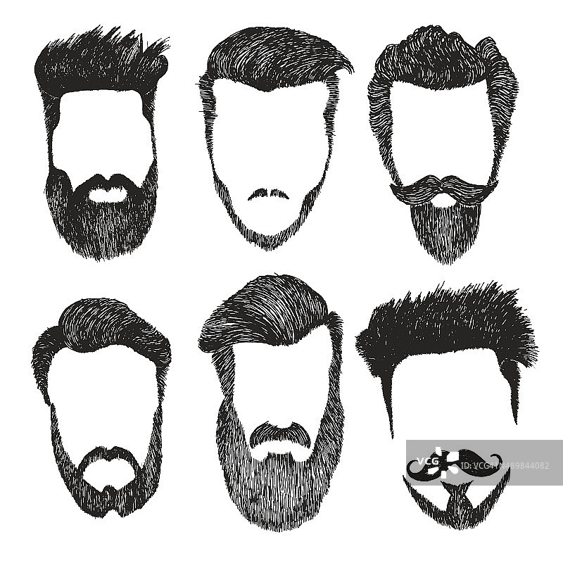 潮人风格的发型，胡子，胡子向量集图片素材