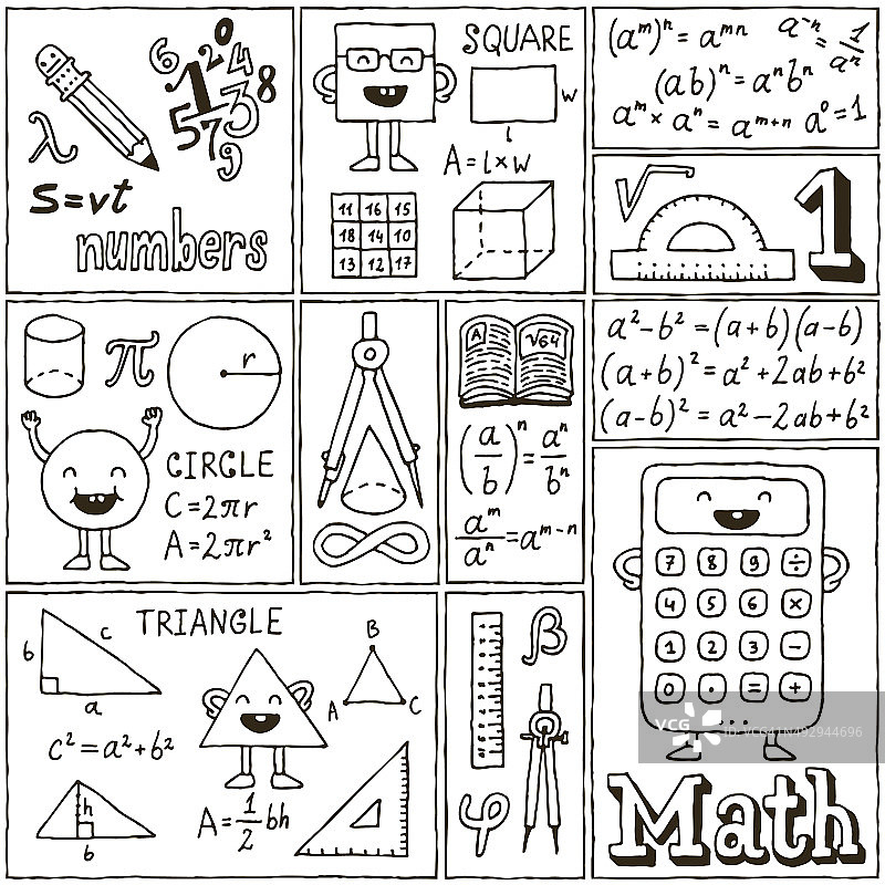 数学科学横幅集。手绘矢量插图。图片素材