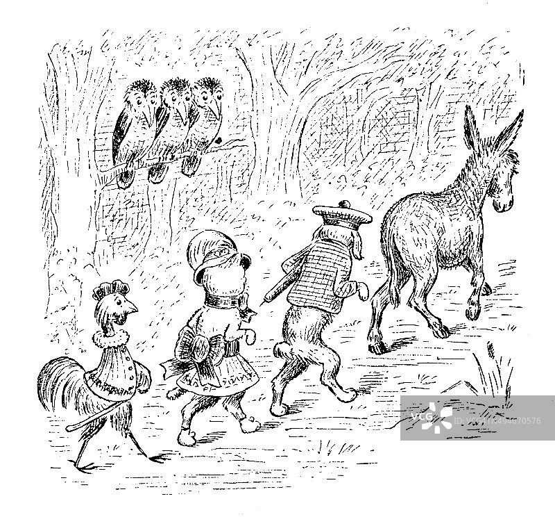 古色古香童书漫画插图:森林里的动物图片素材