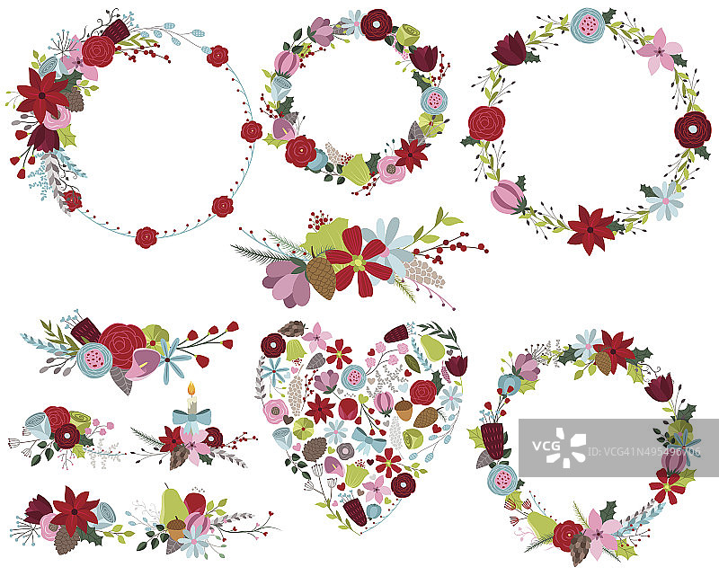 冬季花环和假日花卉设计元素向量图片素材