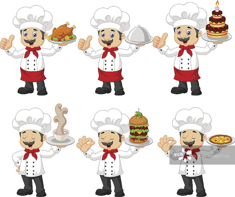 卡通厨师集合设置孤立的白色背景图片素材