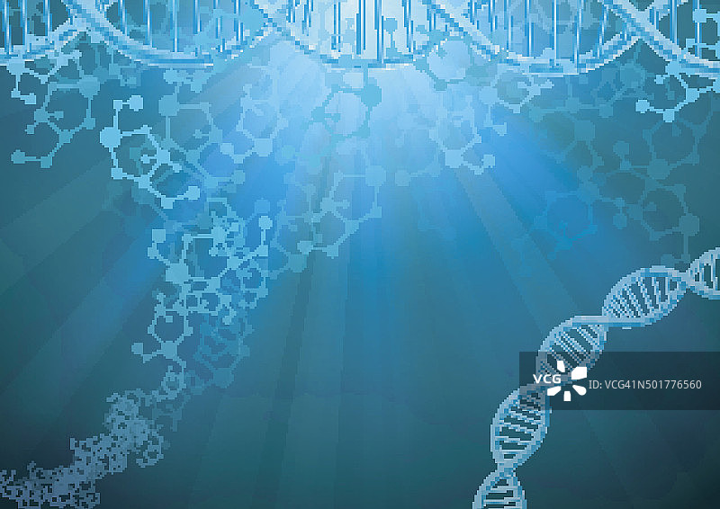蓝色背景上的DNA和分子。向量图片素材
