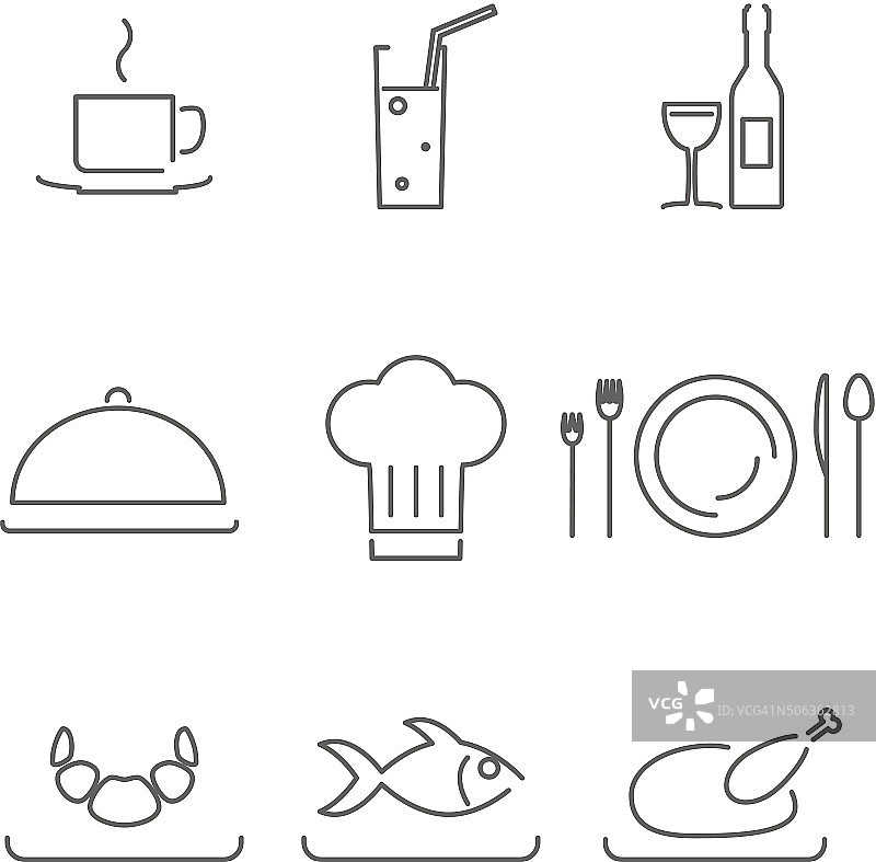 现代线厨师餐厅食物烹饪图标和符号设置图片素材