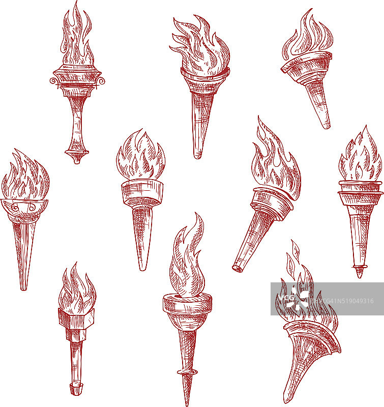 古代燃烧的火炬红色的素描图片素材