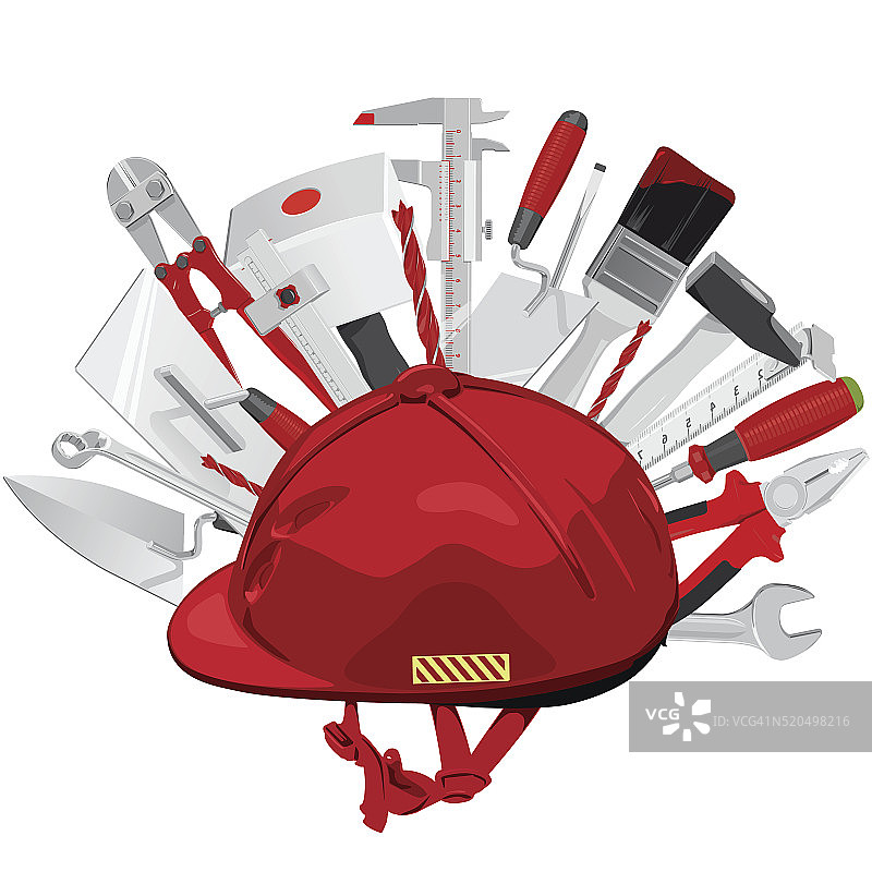 安全帽和施工工具。红色头盔，泥铲，刷子，锤子。图片素材
