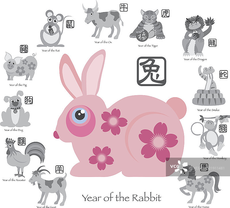 十二生肖兔色矢量插图图片素材
