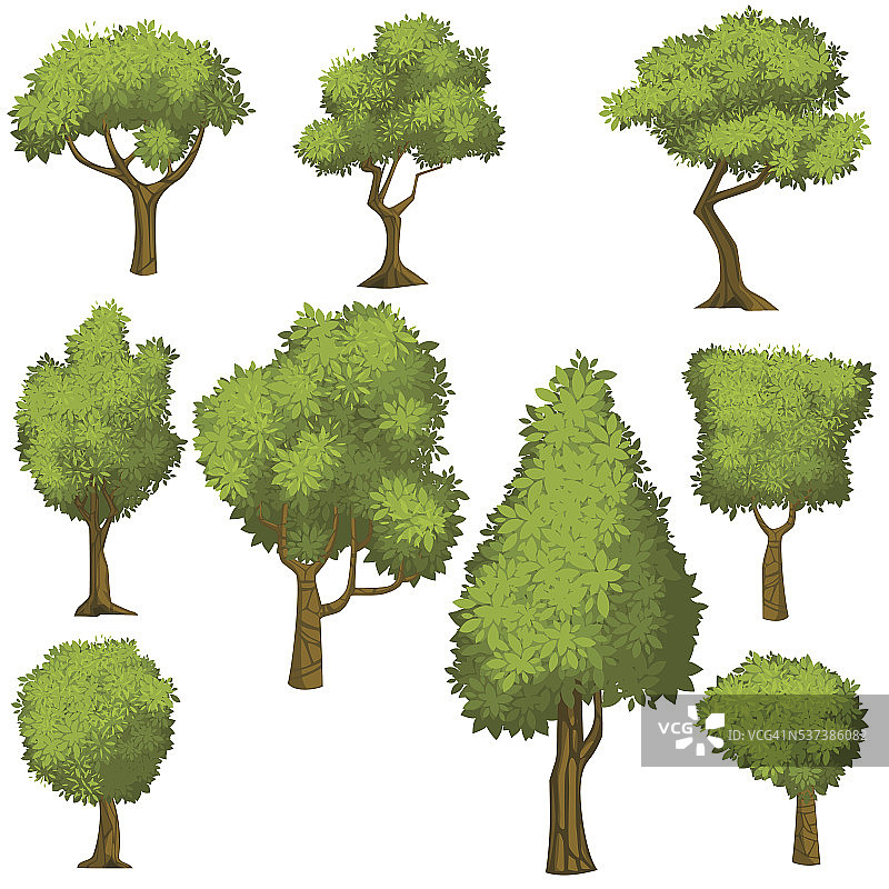 一组有趣的卡通树和绿色的灌木丛。图片素材