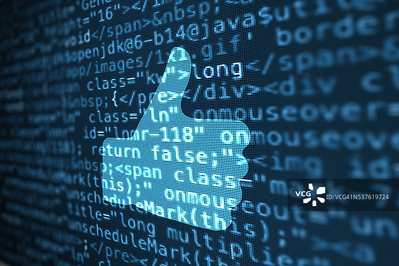 电脑数据代码屏幕与大拇指向上的图标图片素材