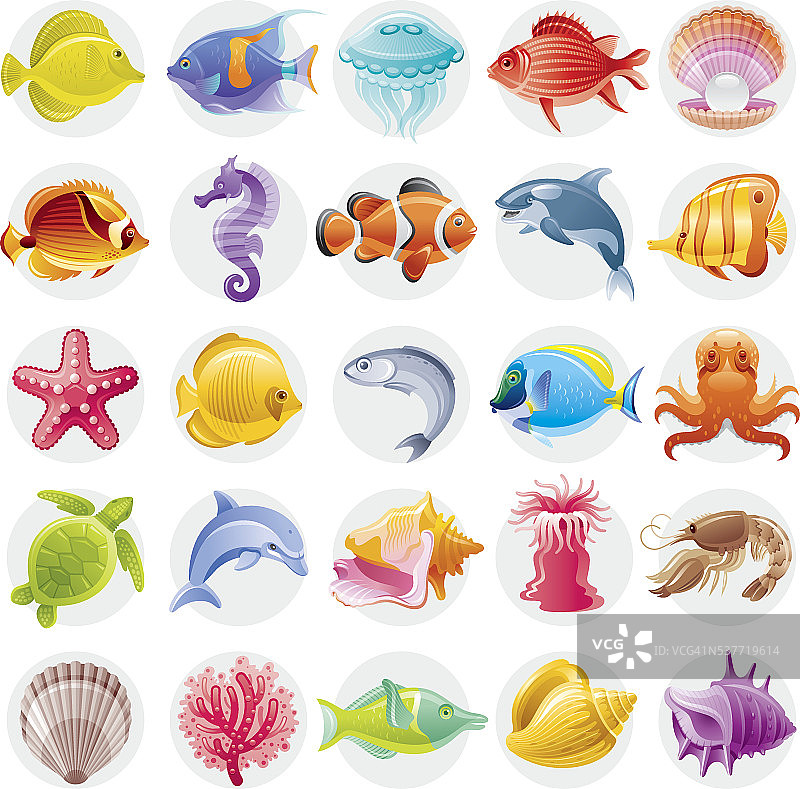 彩色海洋生物的卡通插图图片素材