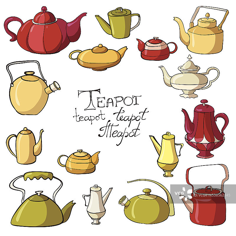 手绘彩绘茶壶一套图片素材