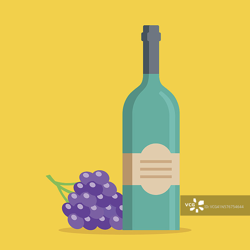 一瓶葡萄酒，一串葡萄。平面向量插图图片素材