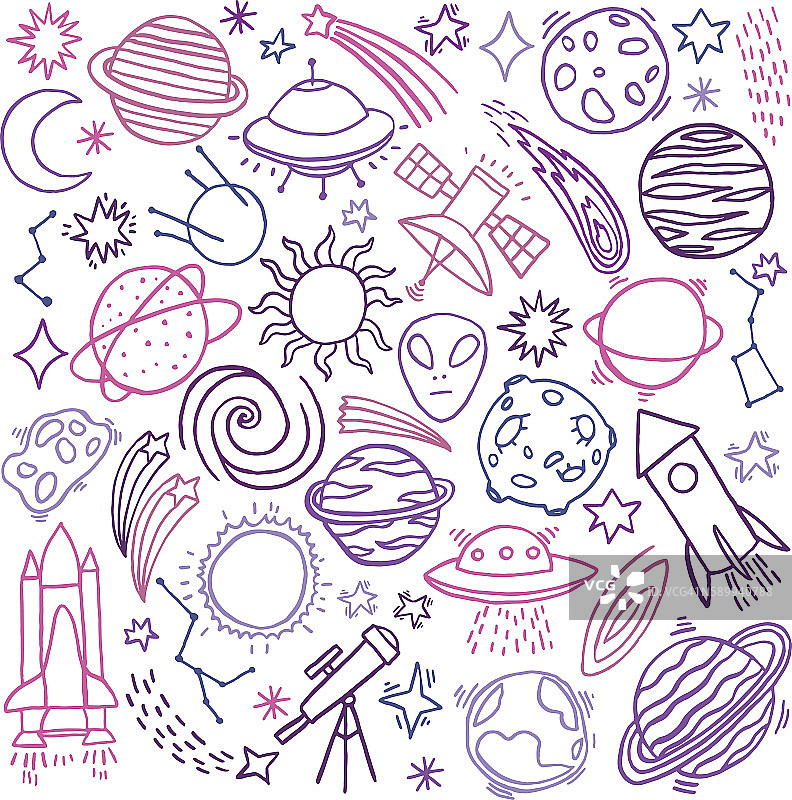 宇宙空间手绘涂鸦图标集图片素材