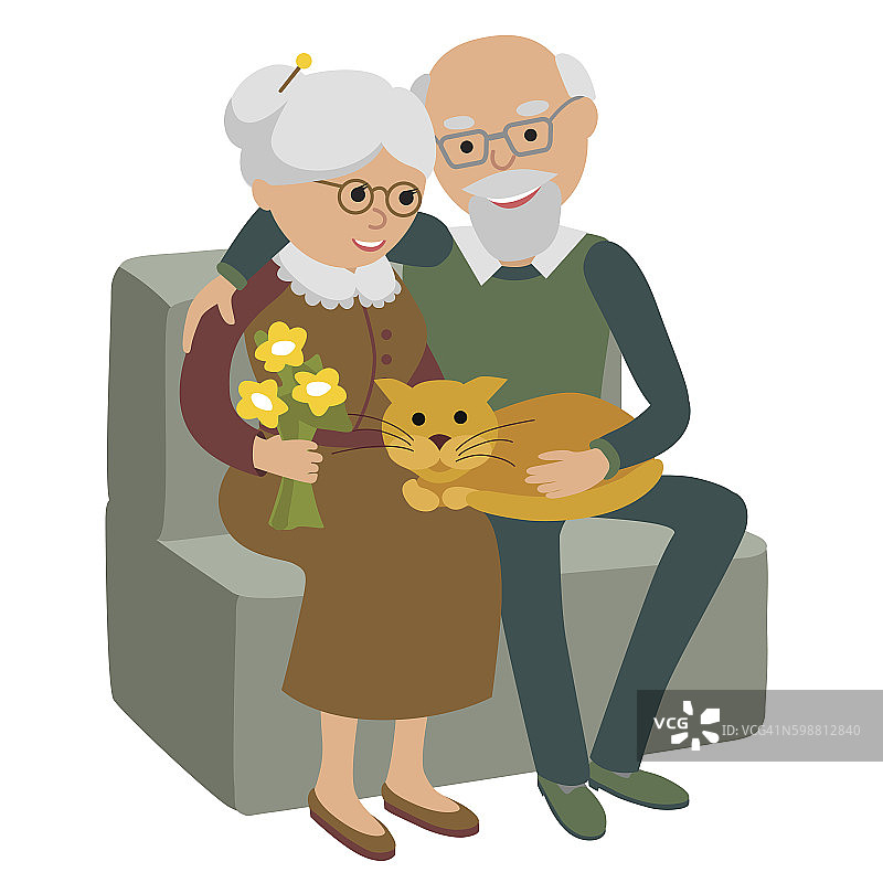 老夫老妻和猫坐在沙发上。矢量插图。图片素材