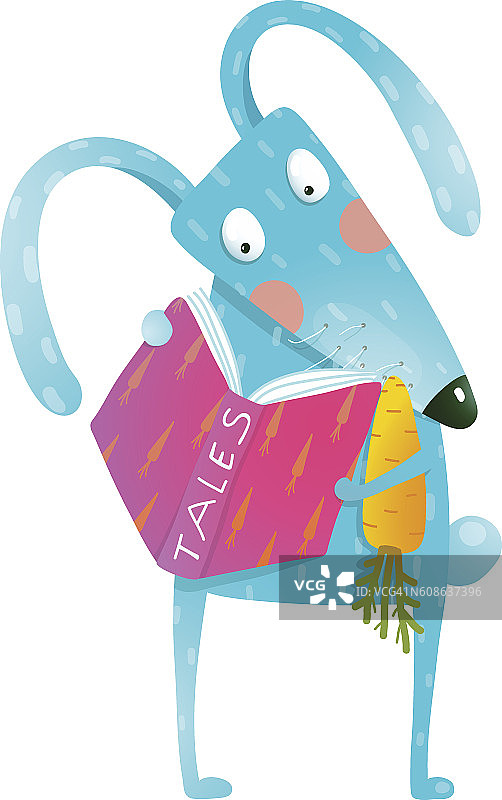 卡通蓝兔子在看书吃胡萝卜图片素材