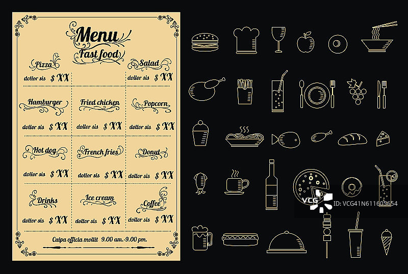 餐厅快餐菜单设计与黑板背景矢量图片素材