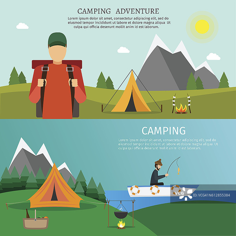 远足和户外设置平坦的自然露营旅行矢量插图图片素材