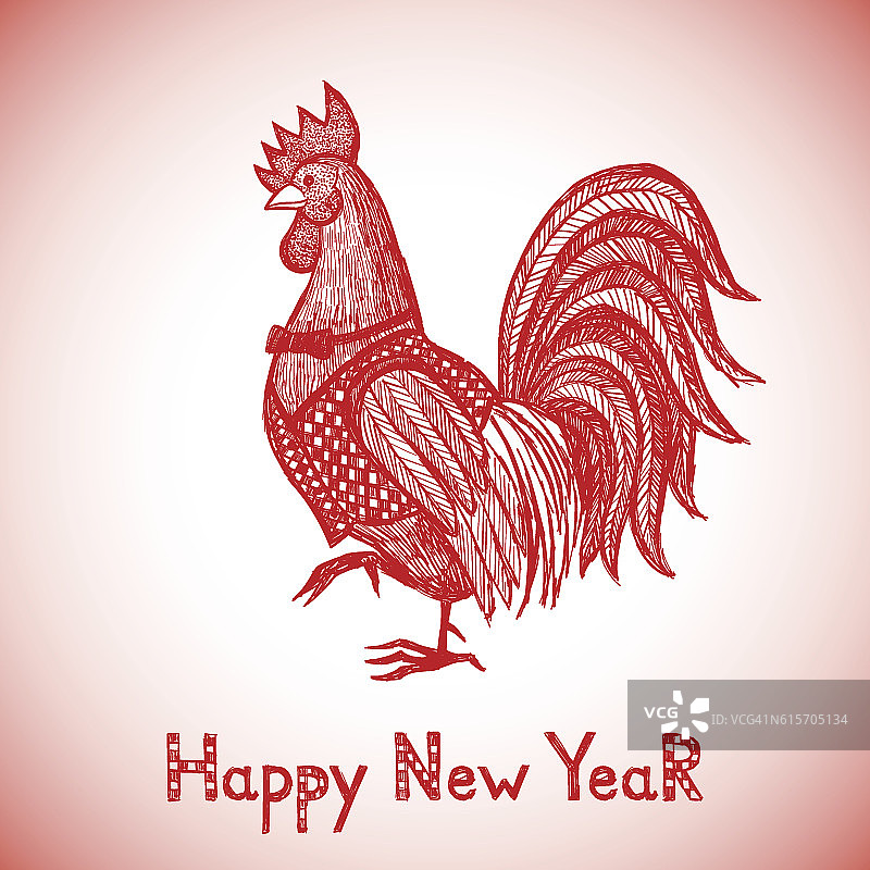 新年贺年卡与红公鸡。图片素材