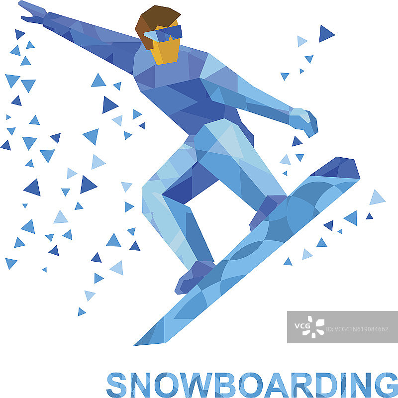 冬季运动——单板滑雪。卡通滑雪板在一个跳跃。图片素材