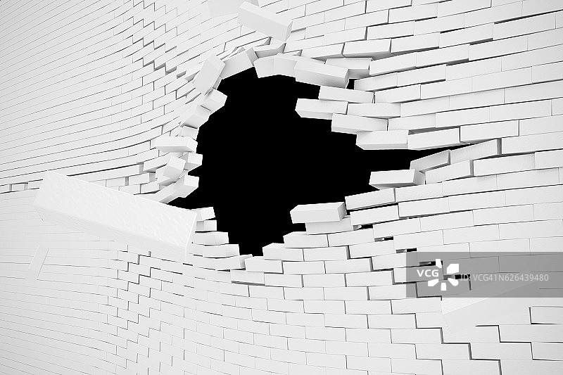爆炸，摧毁一堵白色砖墙，抽象背景为图片素材