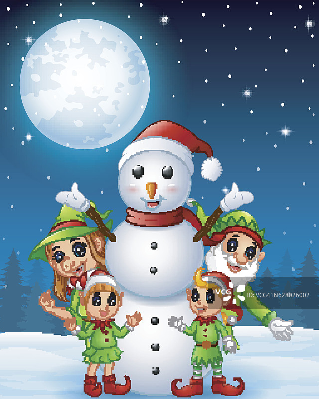 卡通圣诞小精灵和雪人图片素材