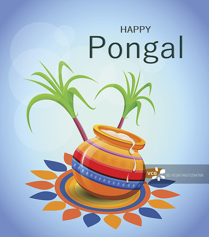 蓝色背景上的快乐Pongal贺卡。图片素材