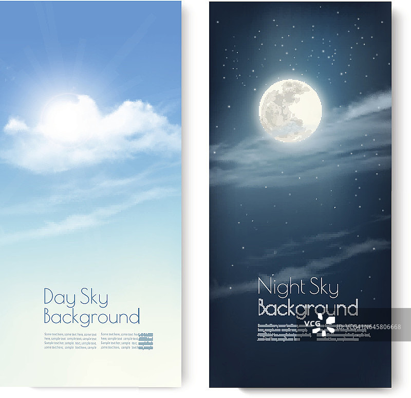 两个对比鲜明的天空横幅-白天和夜晚。向量。图片素材
