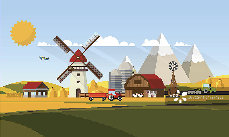 农业乡村景观多彩的平面设计，矢量插图。图片素材