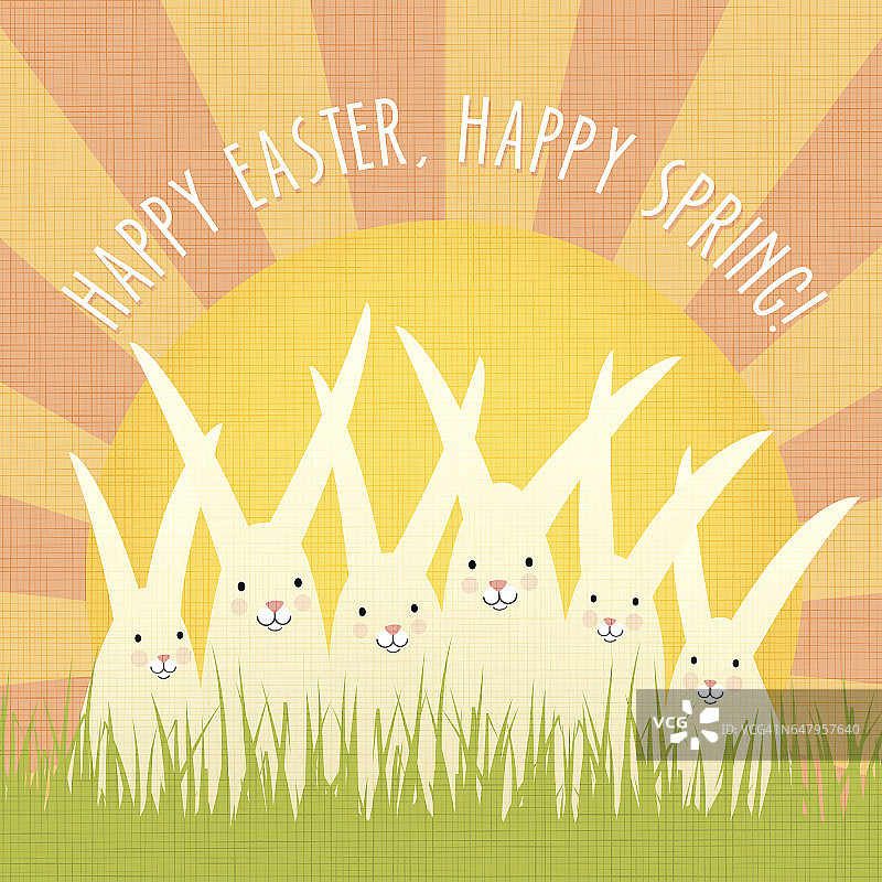 复活节贺卡设计与快乐兔子和阳光灿烂。图片素材