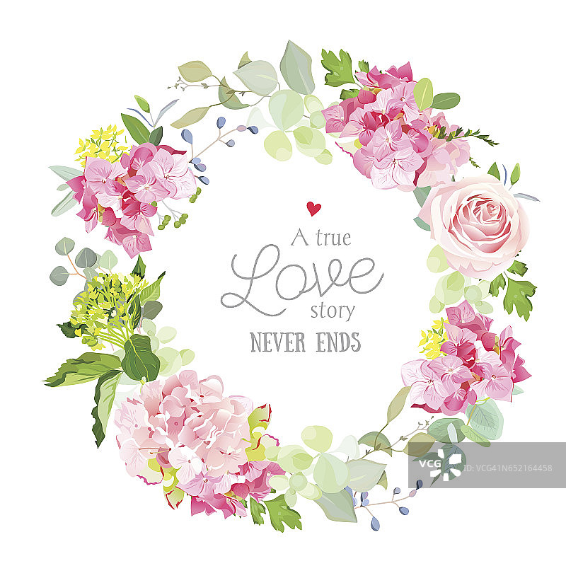春季混合玫瑰、绣球花、香草等圆形矢架图片素材
