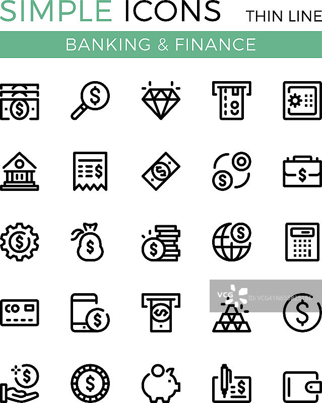 货币，商业，银行，金融矢量细线图标集。为32 x32 px。现代线条平面设计理念适用于网站、网页设计等。像素完美的矢量轮廓图标集图片素材