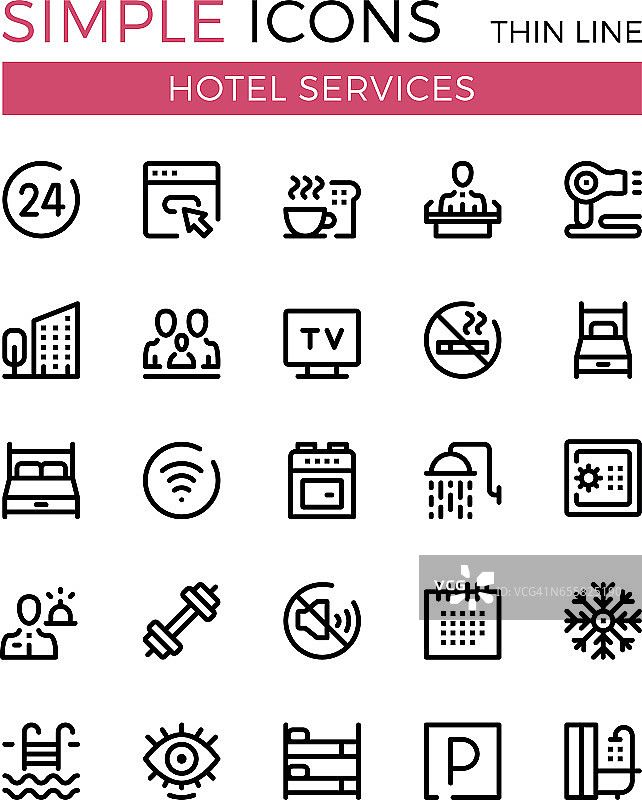 酒店服务和酒店设施矢量细线图标集。预订的概念。为32 x32 px。现代线条平面设计理念适用于网站、网页设计等。像素完美的矢量轮廓图标集图片素材