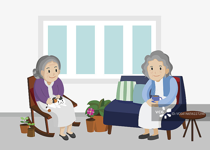 一位老年妇女坐在客厅里的插图。图片素材