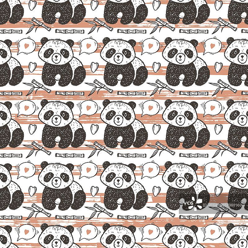 可爱的熊猫宝宝与竹子矢量无缝模式。无尽的熊猫壁纸。手绘涂鸦有趣的黑白熊。背景的孩子。图片素材