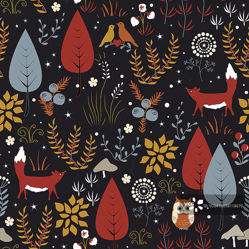 矢量无缝模式与森林植物，鸟类和狐狸。秋天背景图片素材