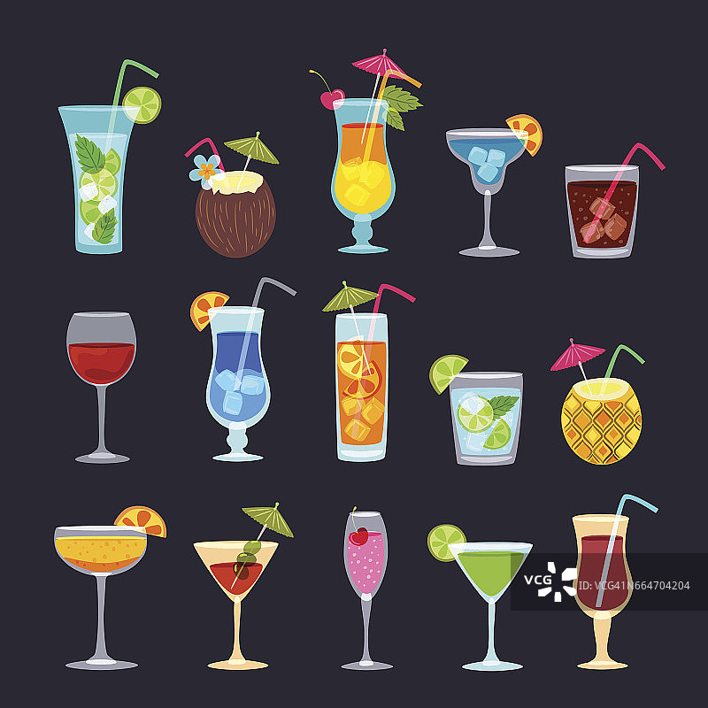 热带鸡尾酒，果汁，葡萄酒和香槟酒杯设置在黑色背景。矢量手绘涂鸦插图。图片素材