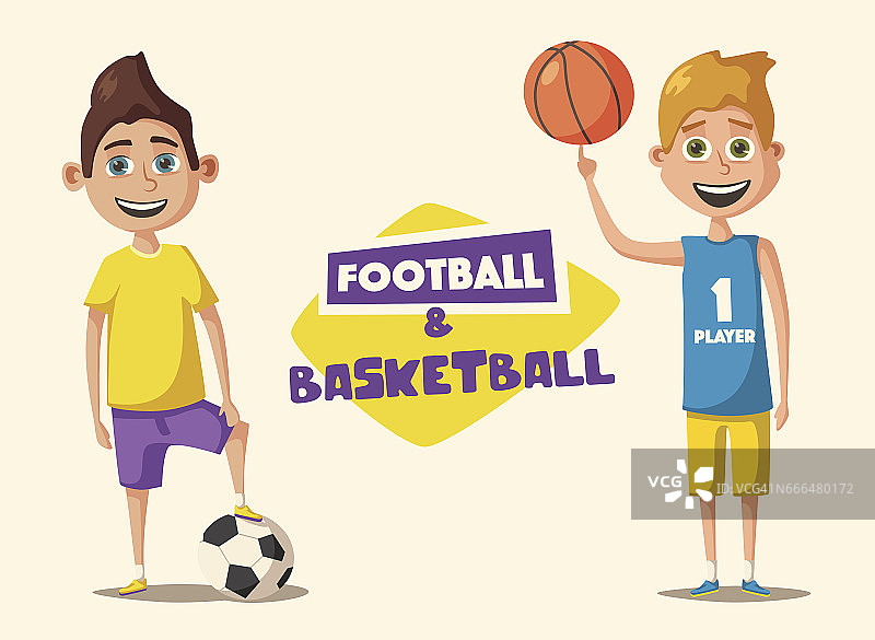 小篮球和足球运动员。卡通矢量图图片素材
