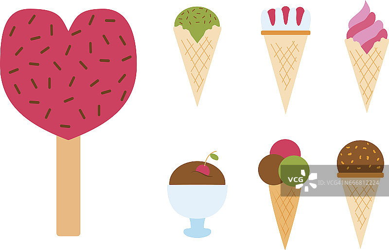 集冰卡通彩色奶油甜点矢量插图巧克力食品甜冷孤立图标小吃蛋筒美味水果冷冻糖果收集图片素材