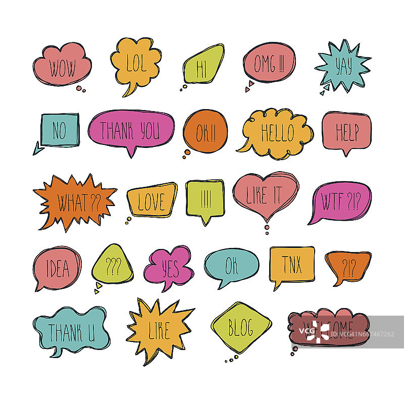 一大堆带有短信息的漫画泡泡。手绘彩色语音气泡与对话词图片素材