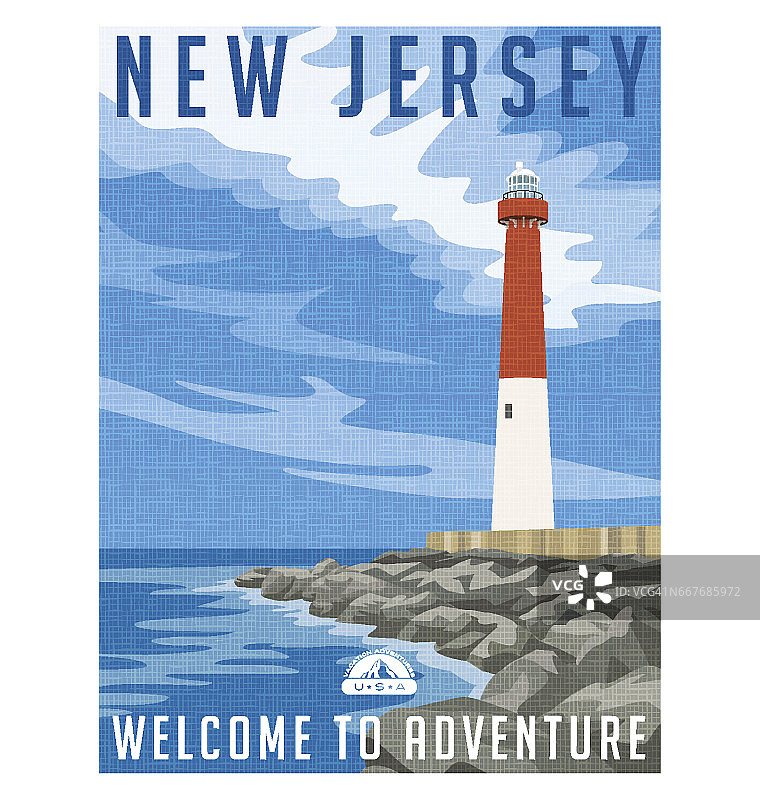 新泽西旅游海报或贴纸。矢量插图的历史灯塔在大西洋海岸。图片素材