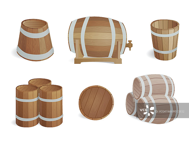 木桶复古的老风格橡木存储容器和棕色孤立的复古液体饮料对象发酵酿酒厂货物桶啤酒矢量插图图片素材