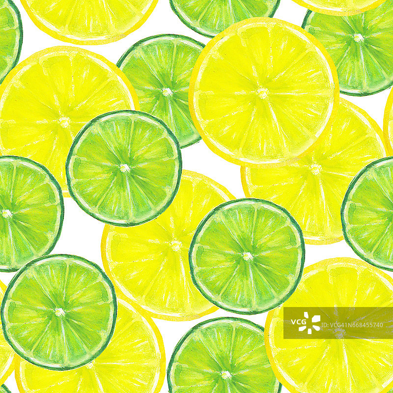 水彩无缝纹理与柠檬片和酸橙在白色的背景图片素材