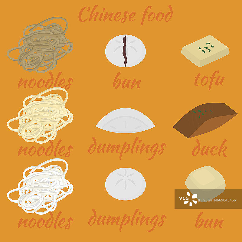集中餐平面设计元素。亚洲街头美食菜单。传统菜肴北京烤鸭和豆腐。饺子，饺子和包子，面条和包子。图片素材