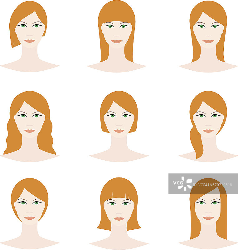 女性头像，女性头像。红头发的年轻女孩，各种发型。女性角色的设计。矢量图图片素材