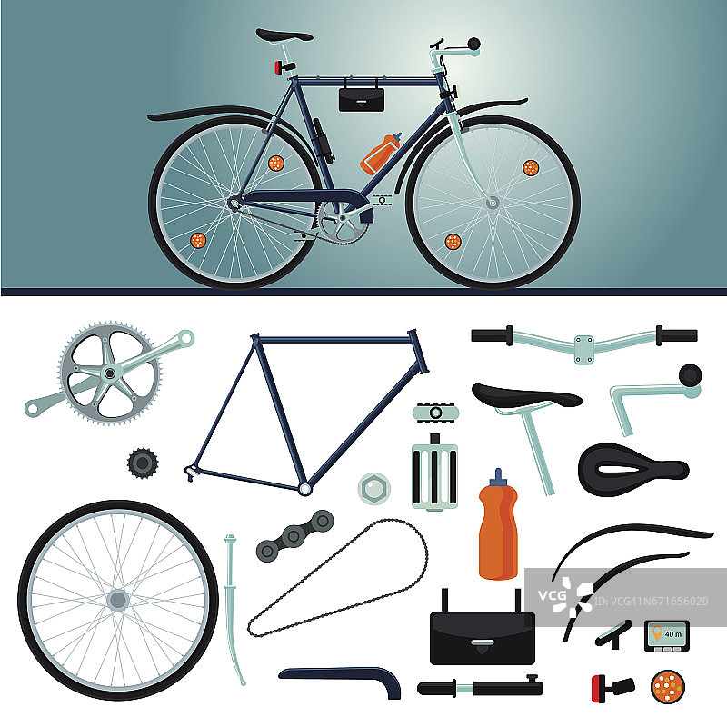 自行车的构造函数。逼真的自行车和部件。细节设置。图片素材